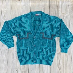 Vintage Reto Cardigan Green Abstract Design Acrylic Sweater Leather Details L